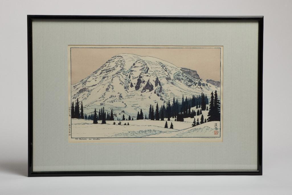 Toshi Yoshida (1911-1995) Woodblock Print, Mt. Rainer: Mount Rainier In Winter. Approx. visible 20.25 x 12.5 in. Frame 31.75 x 21 in. Pencil signed lower right.