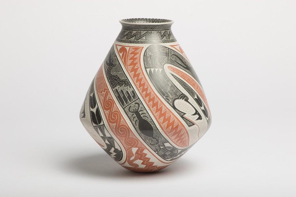 Mata Ortiz Polychrome Clay Pot By Eduardo Quintana: Approx. 9.5 in H x 8 in Dia. Signed on bottom.