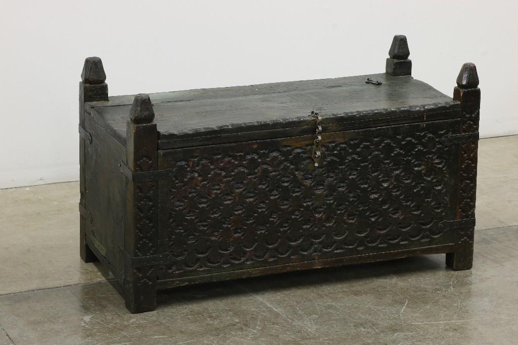 Antique Carved Wood Chest Moroccan: Metal hardware. Carved wood. Approx. 22 in H x 37.5 in W x 17 in D.