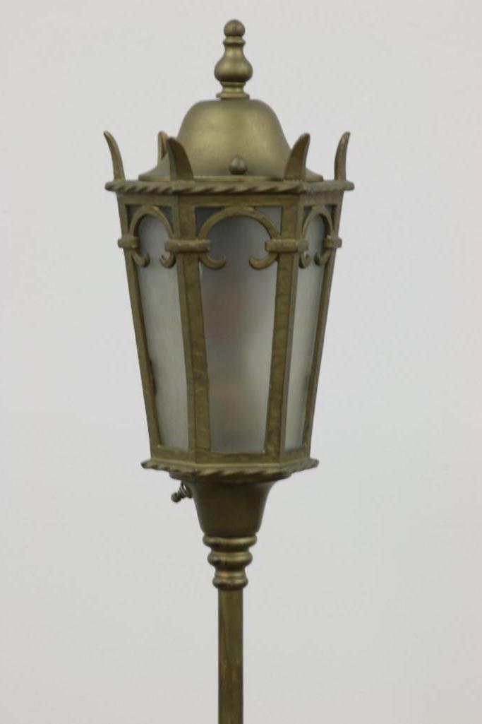 Vintage 1920s Cast Iron Floor Lamp w/ Old Gold Paint: Approx. 63.25 in H x 12.5 in W at Base.