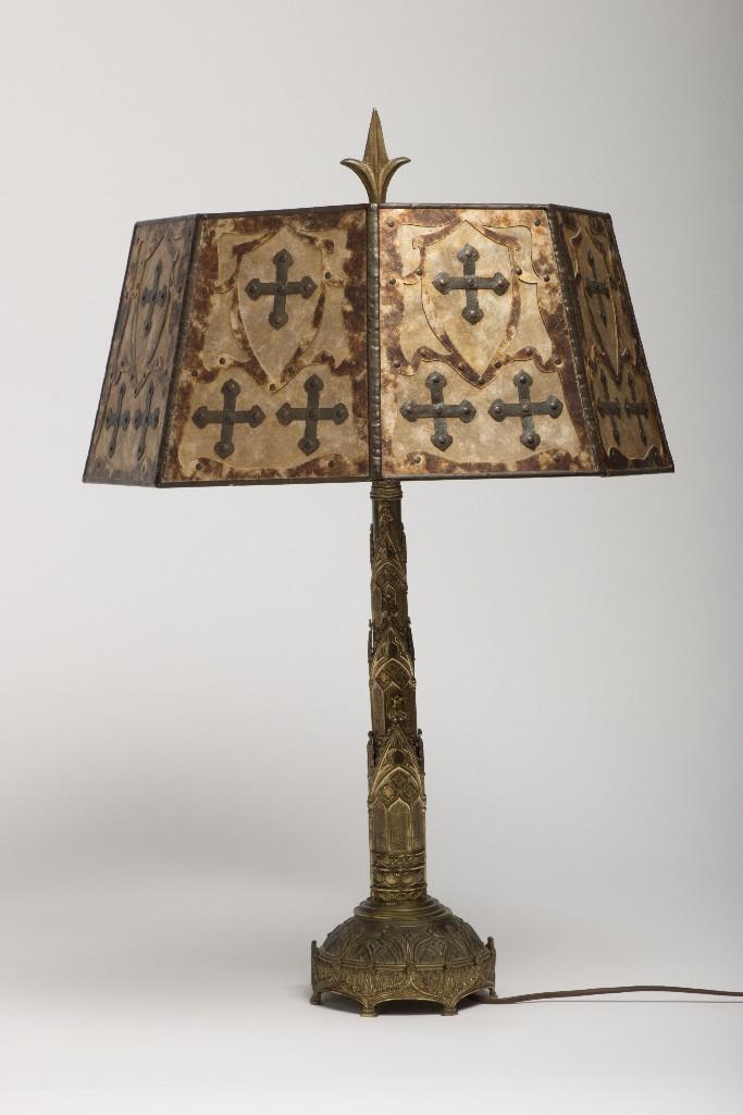 Vintage Metal Base Gothic Revival Table Lamp: Shade is contemporary. Excellent detail. Overall approx. 30 in H x 18 in W.