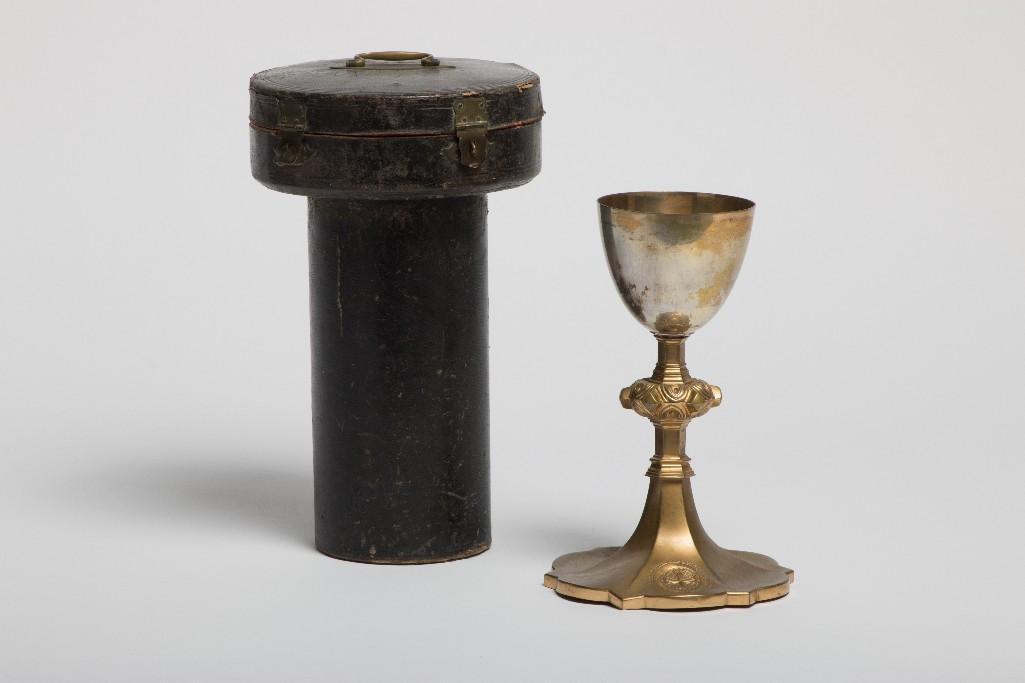 Antique European Religious Church Chalice w/ Case: Antique chalice and leather case. Case is approx. 12 in H x 7.5 in Dia. Chalice is 9 in H x 6 in Dia at Base.