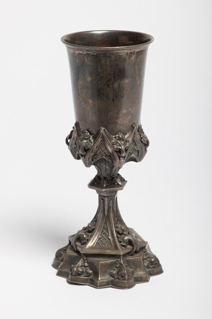 Antique European Gothic Revival Silver Chalice: Excellent workmanship. Hallmark on base. Approx. 10.25 in H x 5 in Dia at Base. Overall weight 381 grams.