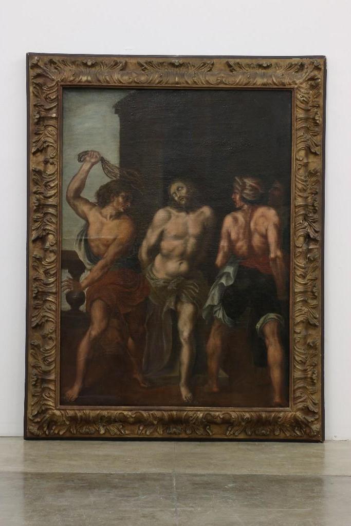 18th/19th Cent European Religious Oil Painting Jesus: Approx. 54.5 in x 39.5 painting size. Approx. 66.25 in T x 51 W x 3 D overall frame dimensions. On verso, in pencil, Dom Pietro. Oil on canvas.