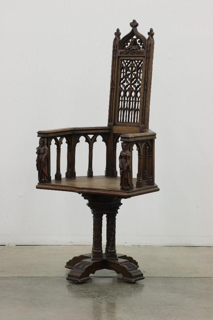 18th/19th C. Gothic Revival Hand Carved Swivel Chair: Excellent hand carved swivel pedestal chair. Approx. 49.75 in H x 21.5 in W x 18 in D.