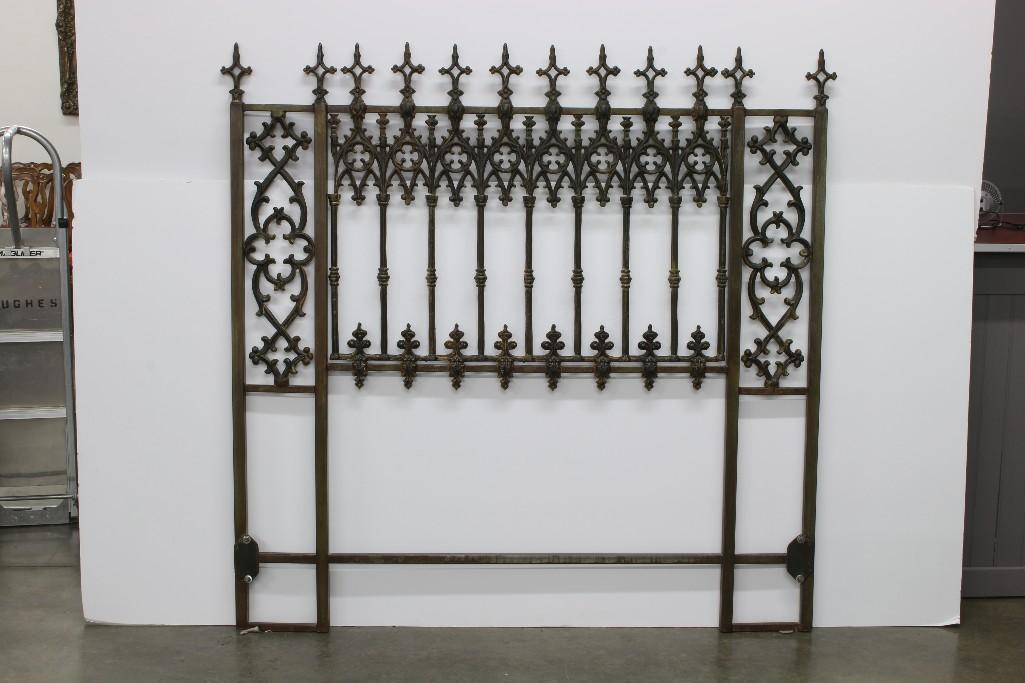 Cast Iron Queen Size Bed Headboard Gothic Revival Style: Custom cast iron Queen size headboard in Gothic Revival Style with custom iron frame and hardware. Queen size headboard. Approx. 62.5 in H x 62.5 in W.