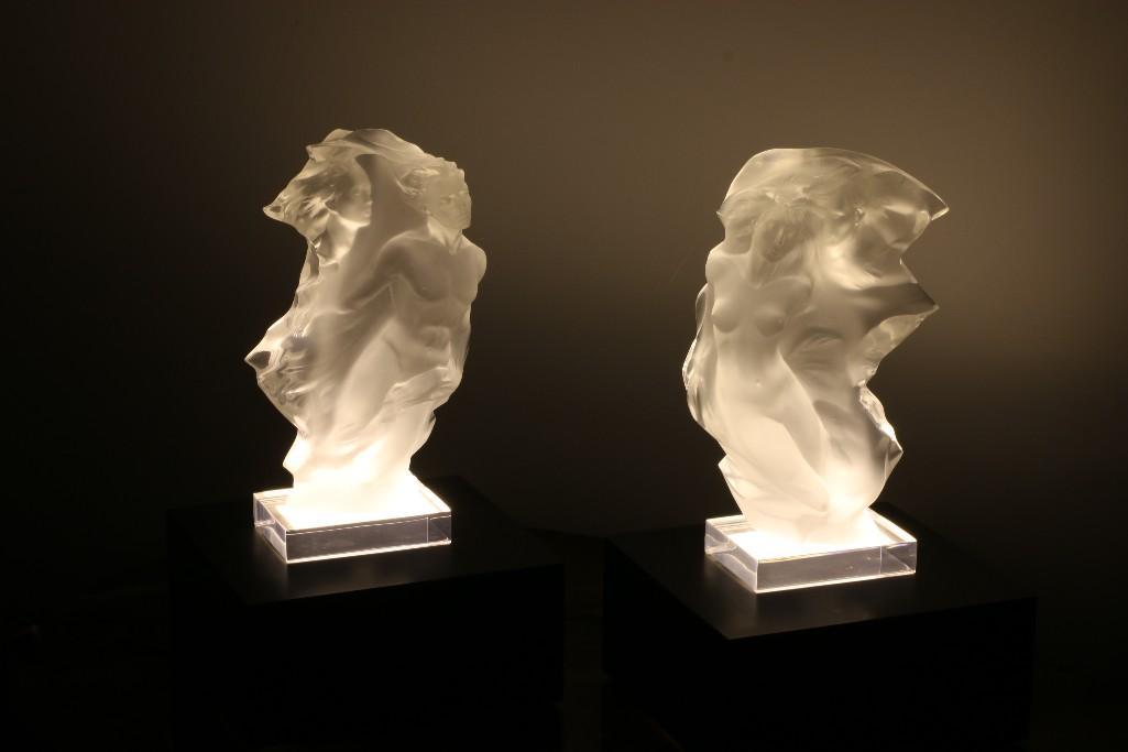 Frederick Hart (1943-1999) Acrylic Sculpture Duet AP: Titled "Duet: A Spiritual Song of Love Pair." Piece include two separate sculptures of a male and a female figure. Clear acrylic resin. Inscriptions: Copyright 1996 F. Hart A.P. L/LX (50/60). Each is