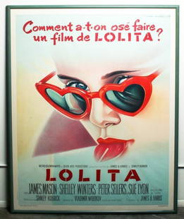 1962 French Movie Poster, Lolita (1962) Roger Soubie: Approx. dimensions: frame: 64.25 in H x 49 in W; visible: 62 in H x 46.5 in W. From the 1962 MGM release starring James Mason, Shelley Winters, Peter Sellers, and Sue Lyon. Directed by Stanley