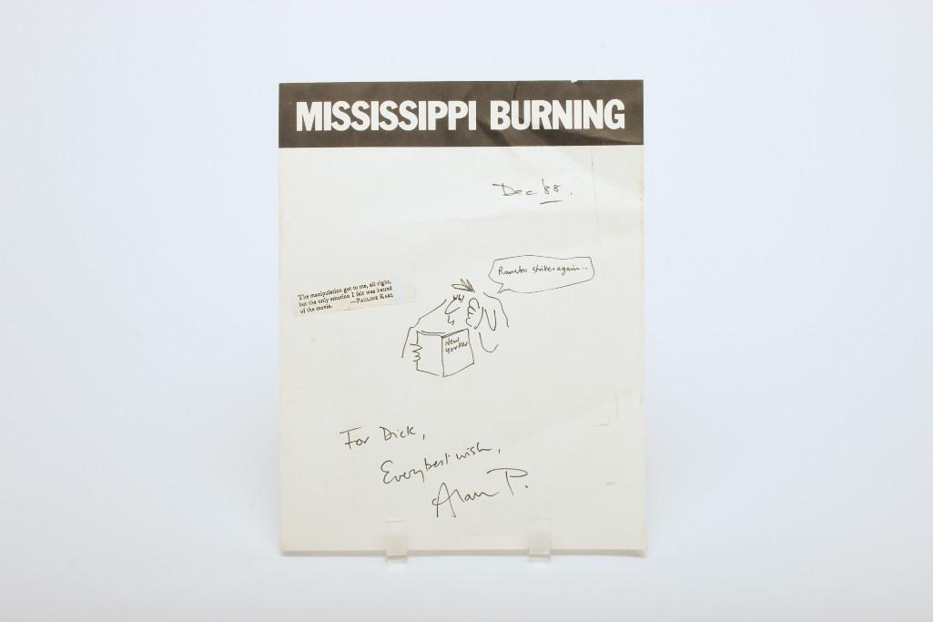 Alan Parker, Rambo Strikes Again, Ink on Paper, 1988: "Rambo Strikes Again", 1988. Approx. dimensions: 11 in H x 8.5 in W. Ink drawing by Alan Parker, director of Mississippi Burning. Dated December 1988. Inscribed "For Dick, Every best wishes, Alan" On 
