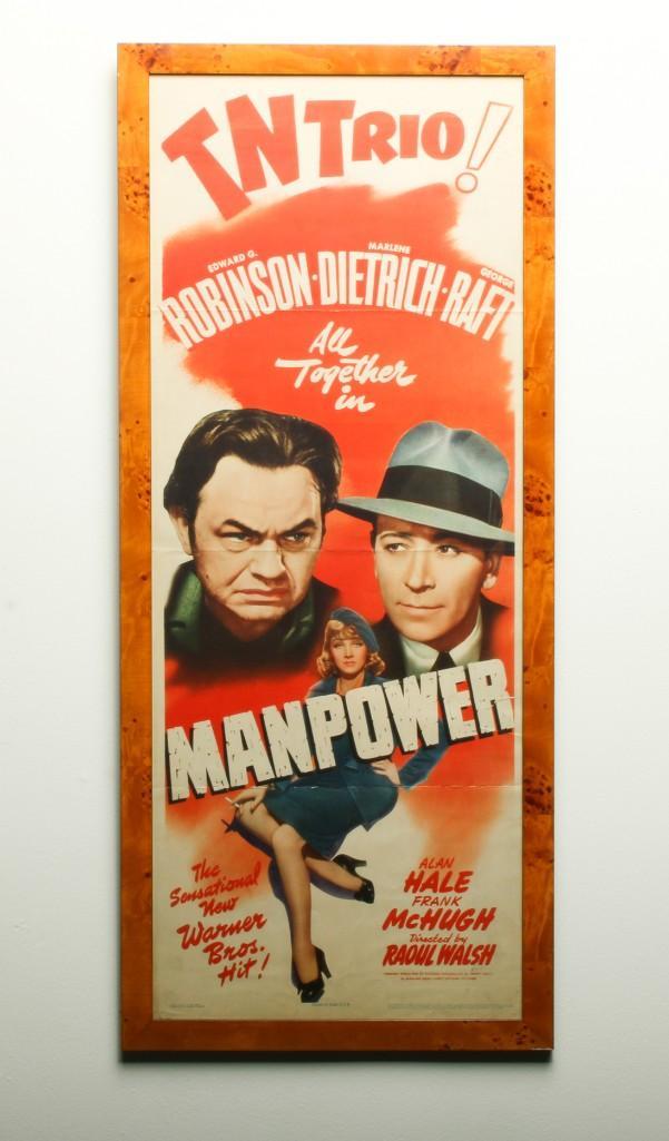 Original Manpower (1941) Lithographic Movie Poster: Approx. dimensions: Overall: 38 in H x 16 in W; Visible 35.75 in H x 13.5 in W. From the Warner Brothers film noir production of Manpower starring Edward G. Robinson, Marlene Dietrich, and George Raft