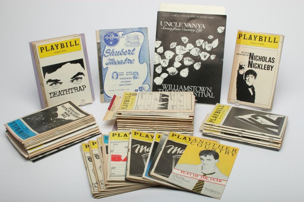 Lot of 67 Playbills/Theater Programs 1940s-1980s: 67 pieces total. Lot includes materials from productions such as: 1959: West Side Story; 1974: Thieves; 1981: The Life & Adventures of Nicholas Nickleby; 1982: The Actor's Nightmare, Therapy, Breakfas