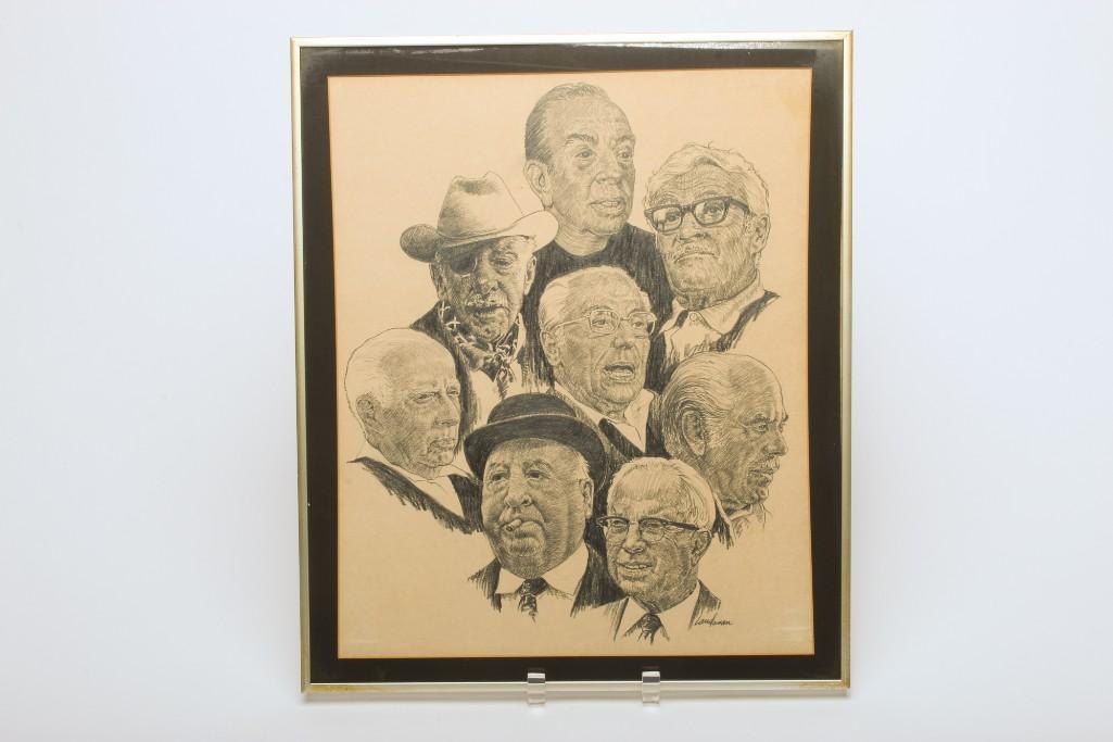 Signed Alan Landsman Pencil Drawing of Hollywood Greats: Approx. frame 19 x 16 in. From the Estate of Film Critic and Historian Richard Schickel (1933-2017).