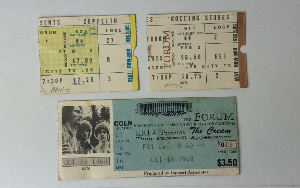 Lot of 3 60s Rock Concert Tickets Cream Stones Zeppelin (1 of 5)