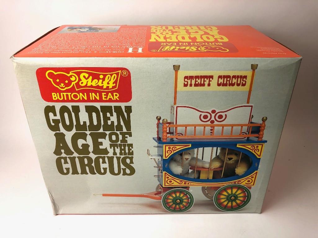 Steiff Golden Age of the Circus Bears No. 642/5000: Approx. dimensions: 14.5 in W x 11 in x x 9 in H Weight: 7 lbs Shipping box dimensions: 16 in x 12 in x 12 in