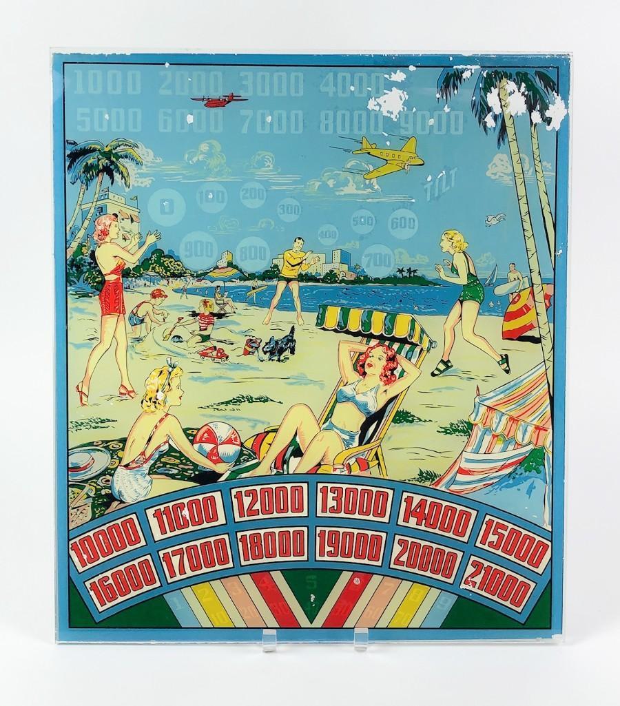 Vintage Beach Scene Pinball Machine Backglass: Approx. dimensions: 22.5 in H x 19.5 in W. Weight: 7 lbs 9 oz.