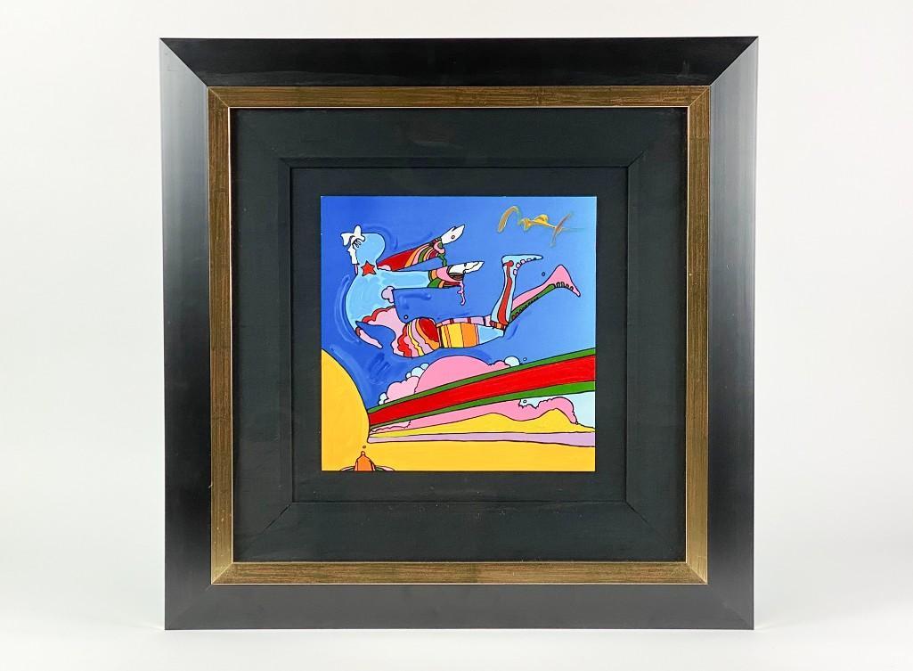 Peter Max (b. 1937) Mixed Media Painting: "Retro V: Cosmic Flyer #17 Painting." Approx. dimensions: frame: 24 in W x 24 in H; sight: 11 in W x 11 in H. Weight: 6 lbs 13 oz