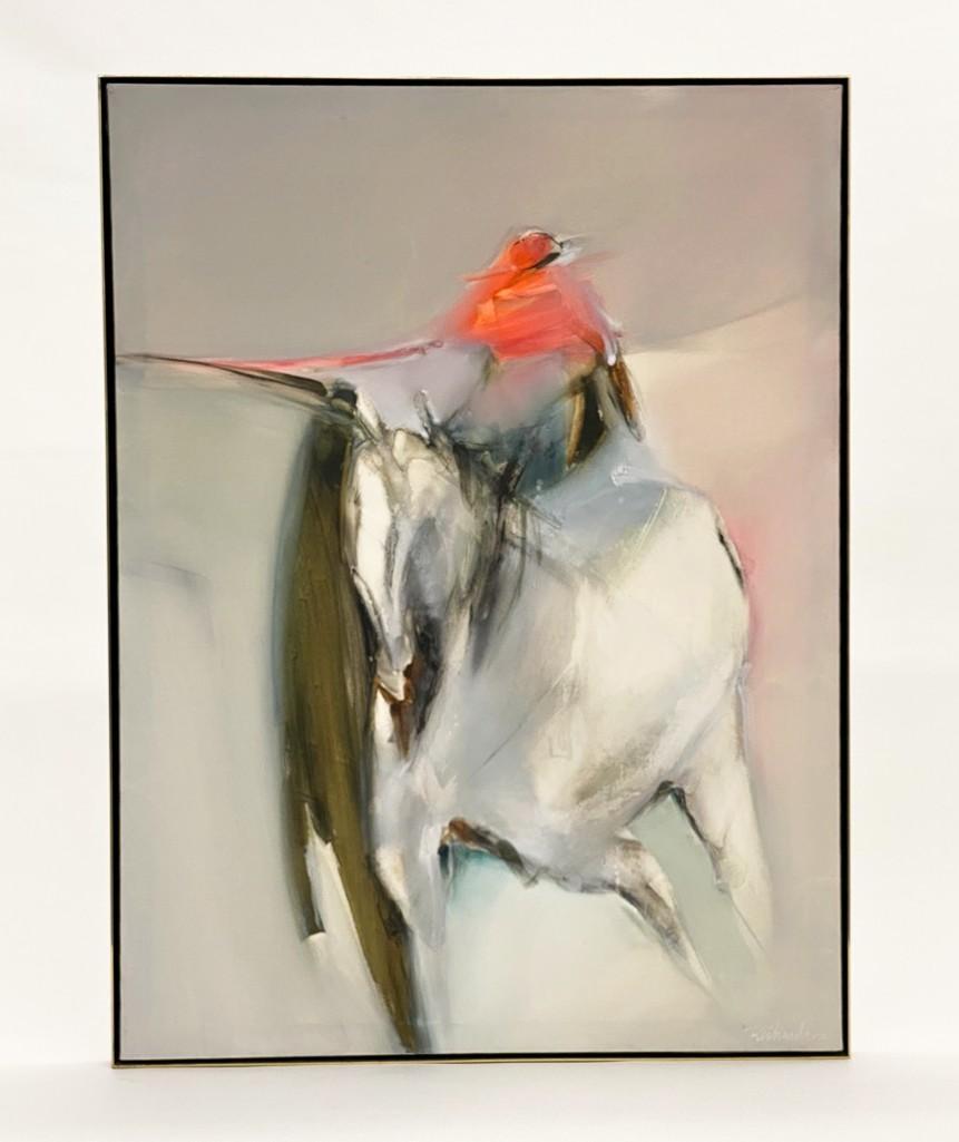Jean Richardson (b. 1940) Oil Painting on Canvas: Custom solid brass frame. Approx. dimensions: visible: 48 in H x 36 in W; frame: 48.75 in H x 36.75 in W. Weight: 24 lbs.