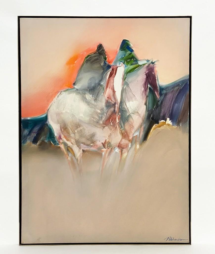 Jean Richardson (b. 1940) Painting on Canvas: Custom solid brass frame. Approx dimensions: frame: 48.75 in H x 36.5 in W; visible: 48 in H x 36 in W. Weight: 23 lbs 12 oz.