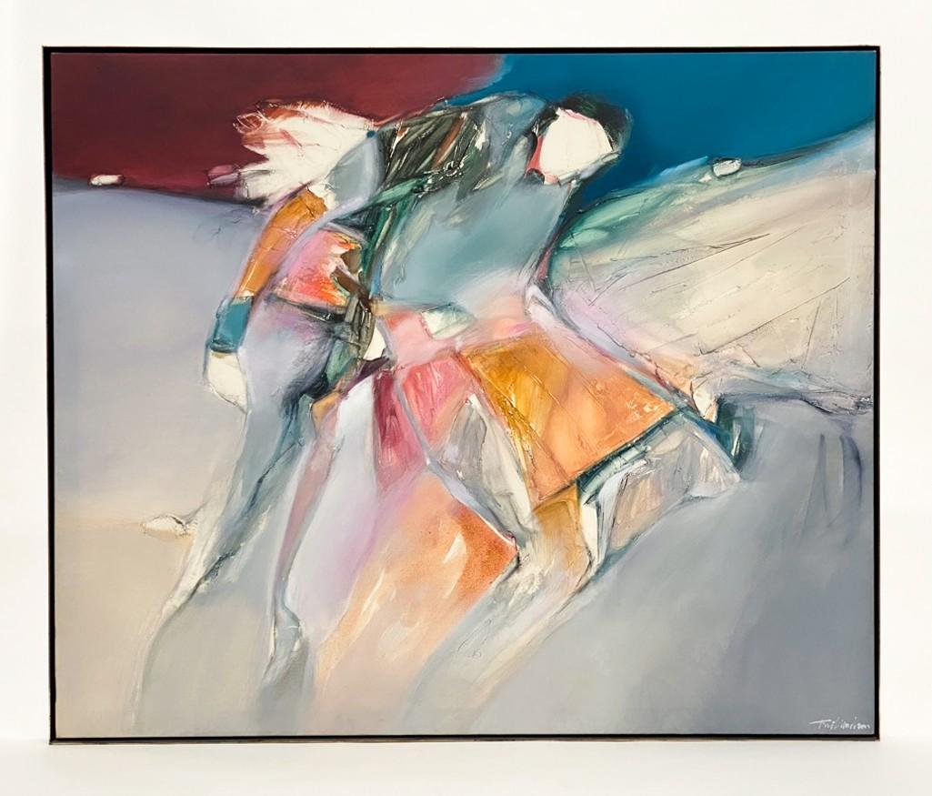 Jean Richardson (b. 1940) Painting on Canvas: Custom solid brass frame. Approx. dimensions: visible: 60 in W x 50.25 in H; frame: 61 in W x 51 in H. Weight: 42 lbs 2 oz.