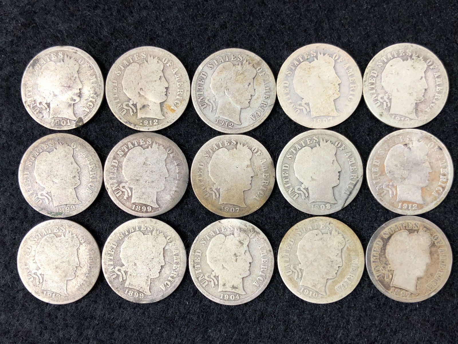Lot of 15 Barber Dime Mixed Dates (1 of 2)