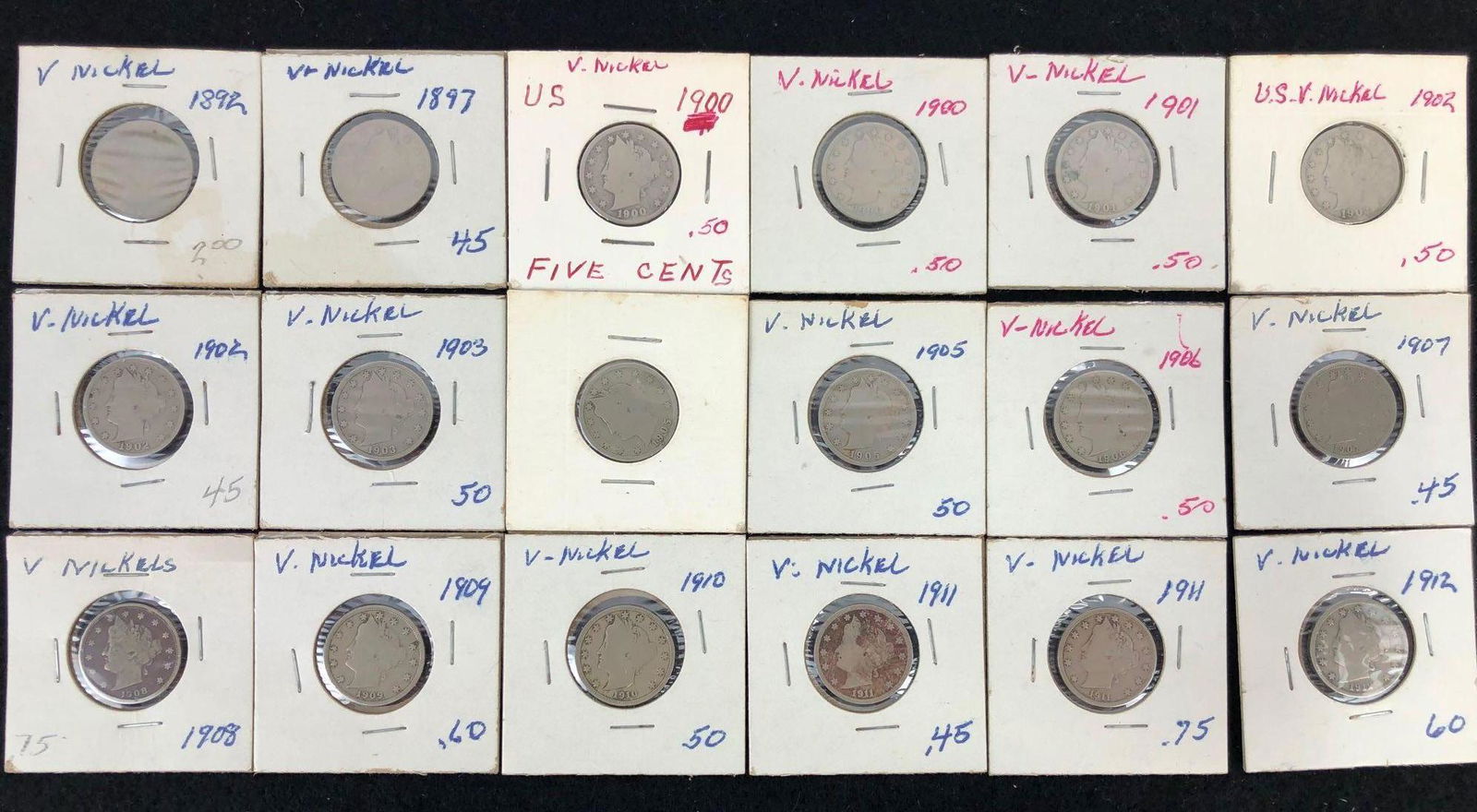 Lot of 18 Liberty Nickel V 1892 to 1912 Various Dates (1 of 2)