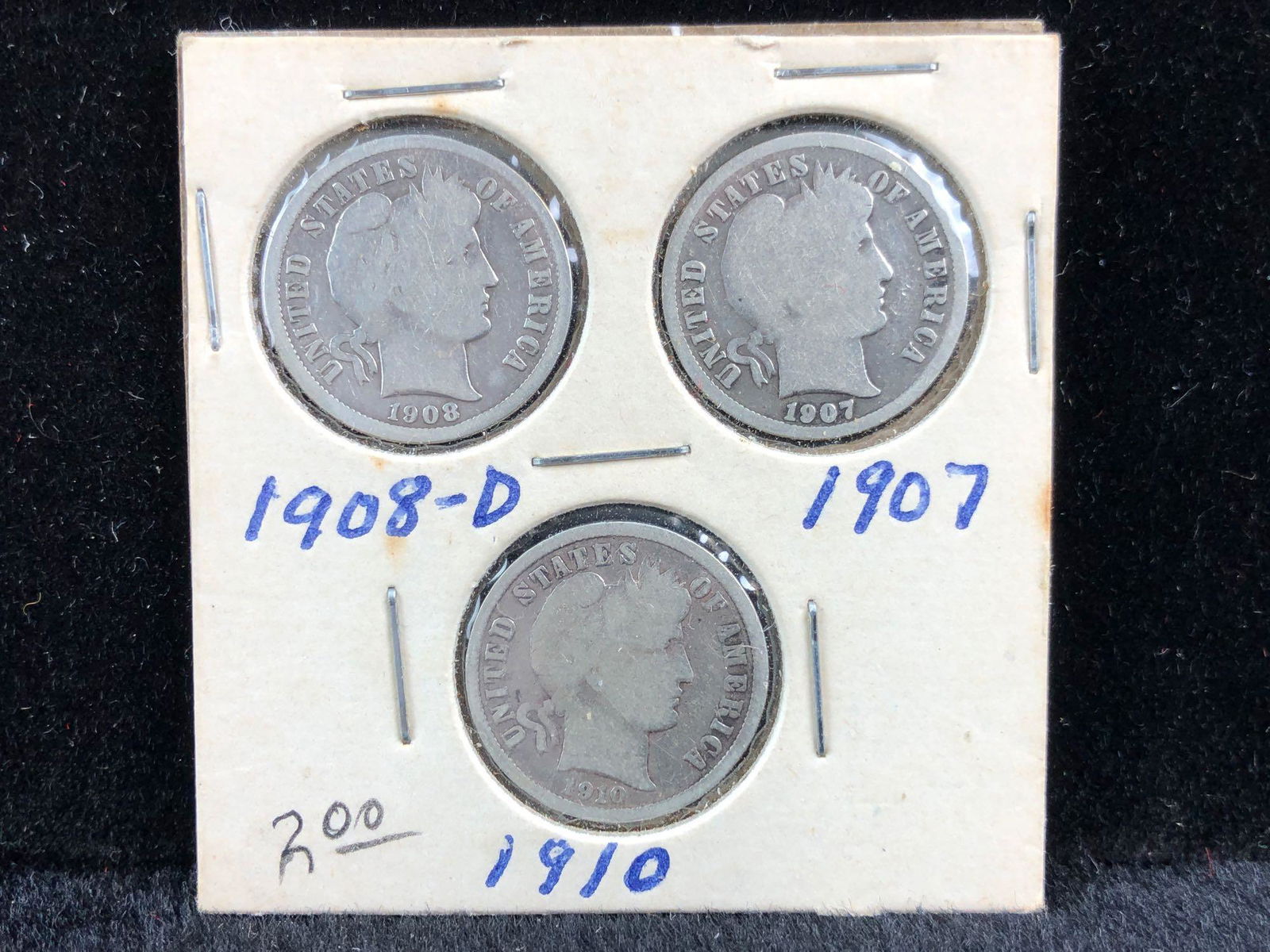 1908-D, 1907, 1910 Barber Dimes (1 of 2)