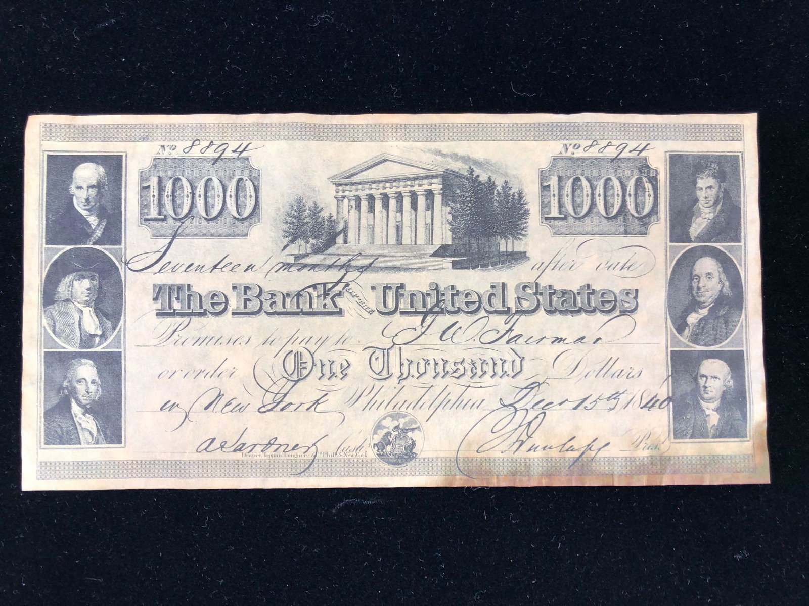 1840 $1000 Bank of the United States #8894 Issue Copy (1 of 2)