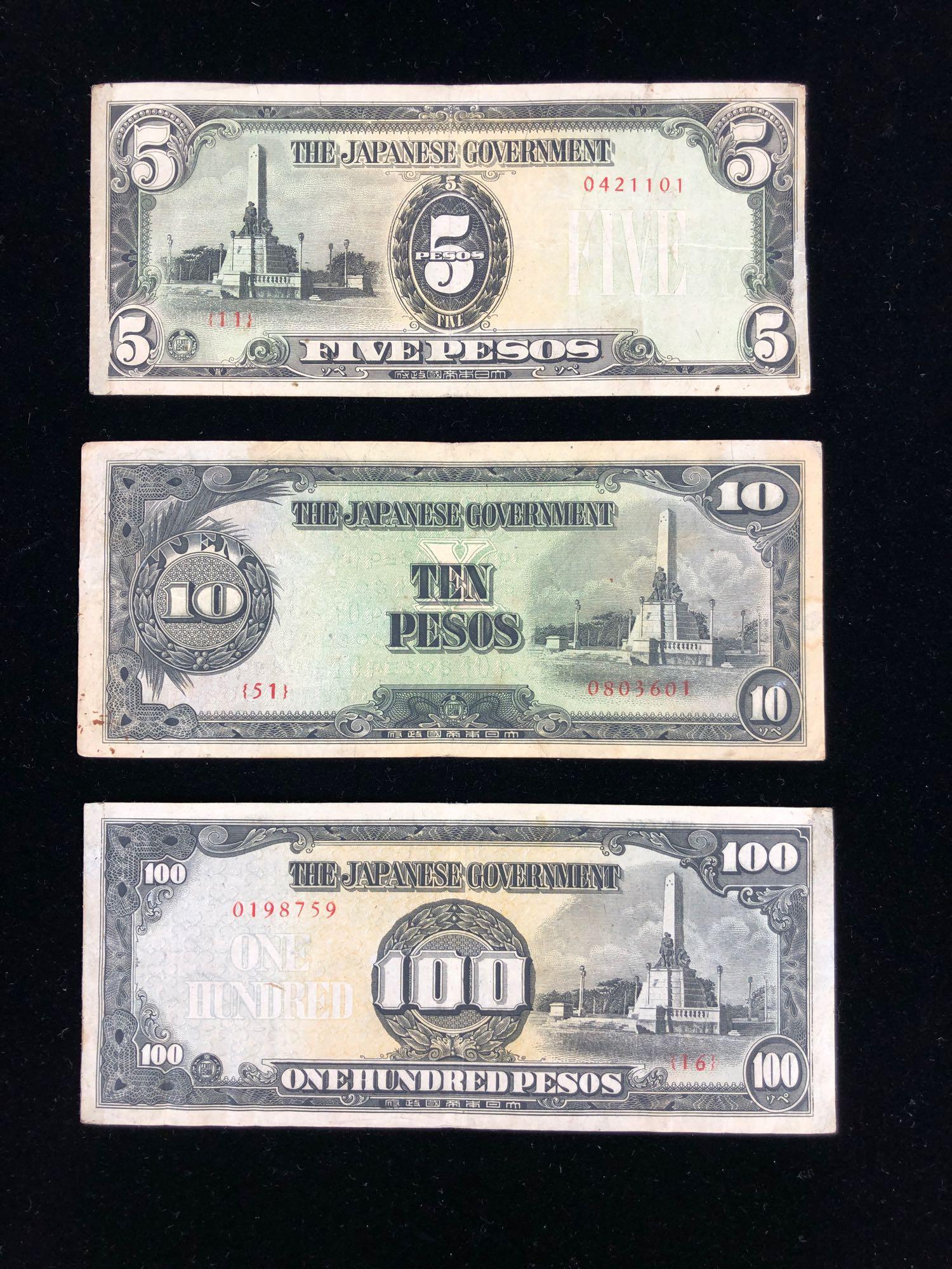 Lot of 3 Japan Government Peso 5, 10, 100 Banknotes: Whether you are a seasoned collector or new to numismatics, there is something here for you! This auction includes over 1000 lots that have been in storage and untouched for 40 years. All coins are so