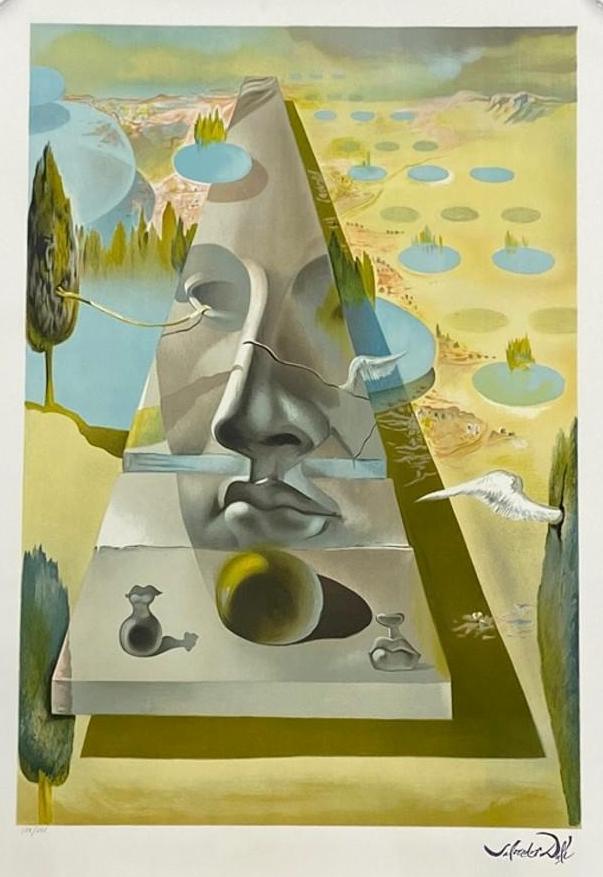 After Salvador Dali Lithograph 178/295 COA: After Salvador Dali Lithograph, "Apparition of the Face of Aphrodite of Knidos in a Landscape." Published by Demart Pro Arte. Approx. 43 in H x 30 in W. Weight 9.4 ounces.