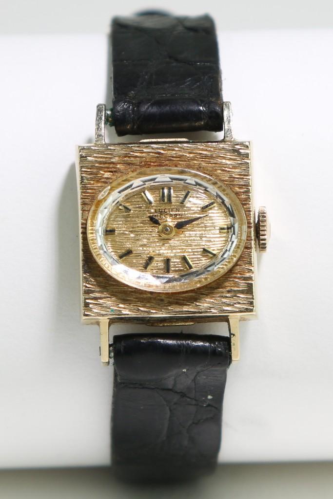 14K Gold Vintage Ladies Lucien Piccard Wrist Watch: Overall weight with leather band: 11.6 grams. Case approx. .75 x .75 inches.