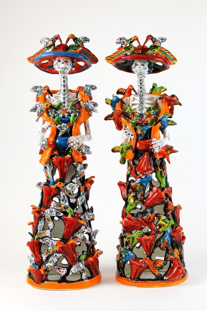 Two (2) Talavera Day of the Dead Figures Gerardo Garcia: Two (2) Magnificent Talavera Pottery La Calavera Catrina Day of the Dead Ceramic Figures by Gerardo Garcia, Mexico. 1) Approx. dimensions: 23.5 in H x 8 in W x 7 in D Weight: 6 lbs 10 oz. 2) Approx. d