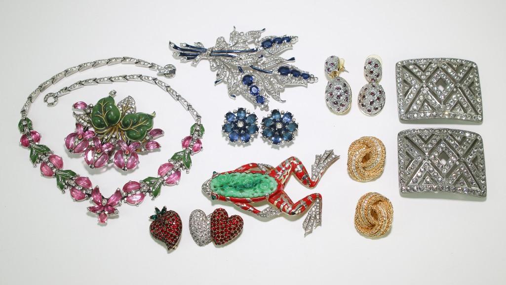 Lot of Vintage Costume Jewelry Dior Trifari Jomez: Includes Christian Dior clip on earrings, Trifari 'Alfred Philippe' Red and Jade Belly Ming Frog Pin, brooches and necklace, and Jomaz brooches. Group lot of quality vintage rhinestone costume jewelry