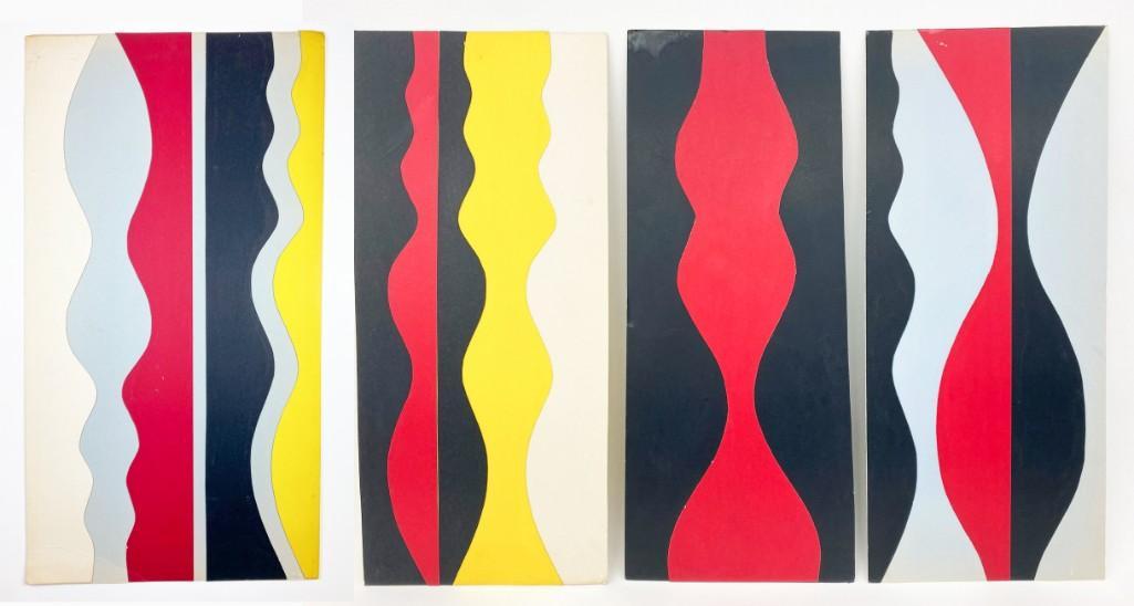 Lucia Stern (1895 -1987) Paper Cutout 4 Panels: Paper Cutout 4 Panels. Abstract with curvy and straight lines, yellow red white black. Negative space vs positive space. Female curves subtly suggested. Each Panel Measures Approx. 28.5 in. x 12 in. W