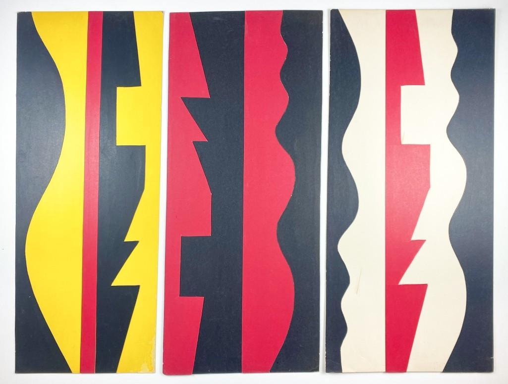 Lucia Stern (1895-1987) Paper Cutout Triptych: Paper Cutout 3 Panels. Negative space vs positive space. Each Panel Measures approx. 28 in. long x 10.75-13 in. wide.