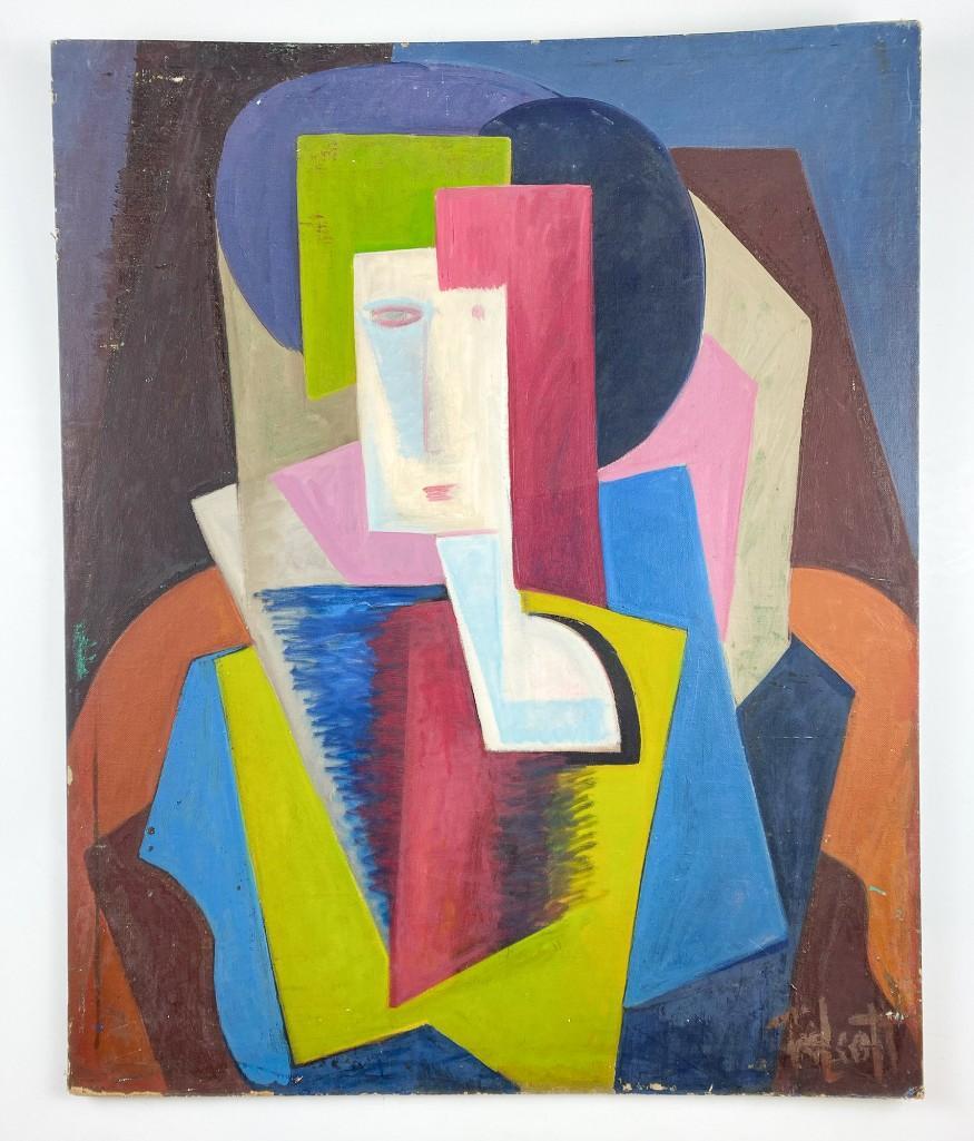 Signed Talbott, Oil on Canvas Panel Cubist Portrait: Titled "Woman in Purple Hat," 1955. Board is warped and concave. Approx. 27 in x 22 in. Weight 1 lb 13 oz.