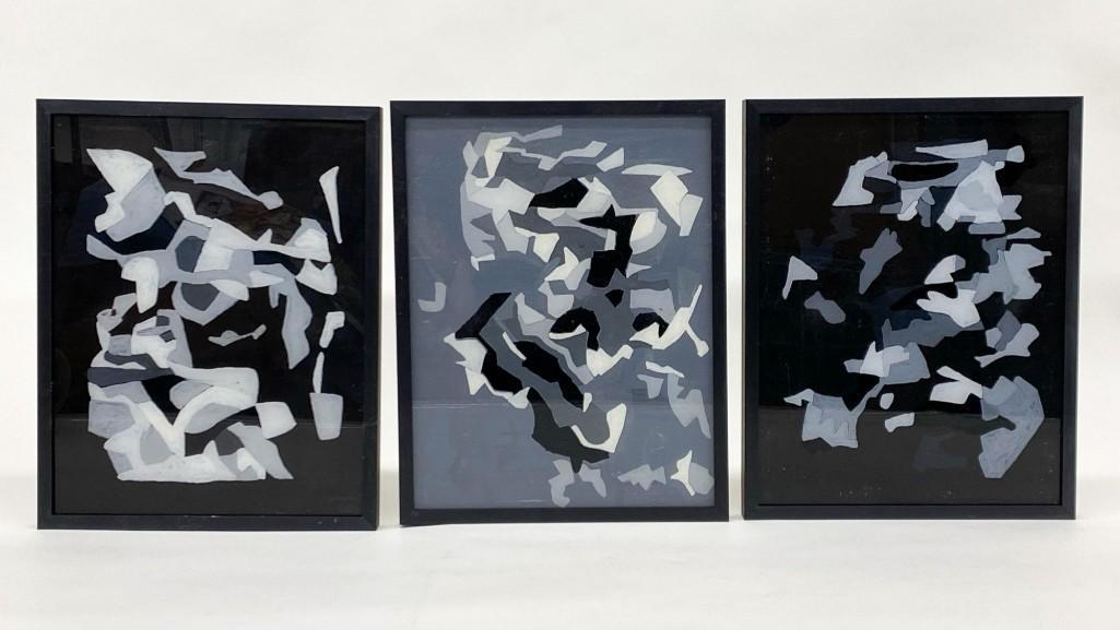 Diana Eppston Group of Three (3) Grayscale Abstract: Group of Three (3) Grayscale Abstract Paintings. Reverse Painted on Glass. They are wired so as to allow for hanging either horizontally or vertically. Approx. 9 in. x 12 in. each. Weight 3 lbs 11 oz.