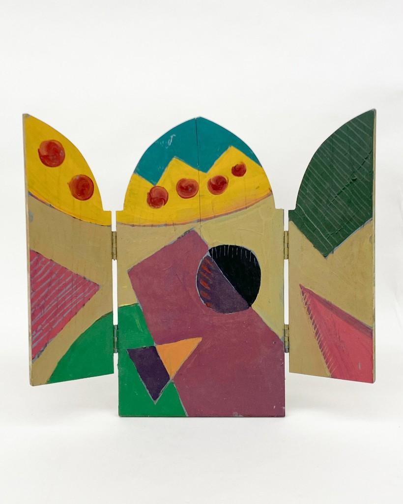 Dharam Damama Singh (1942-2016) 3-Panel Painting Screen: Dharam Damama Singh (1942-2016) Abstract Geometric Painting on 3-Panel Hinged Wood. Approx. 18.75 in. H x 21 in. W. Weight 5 lbs. 8 oz.