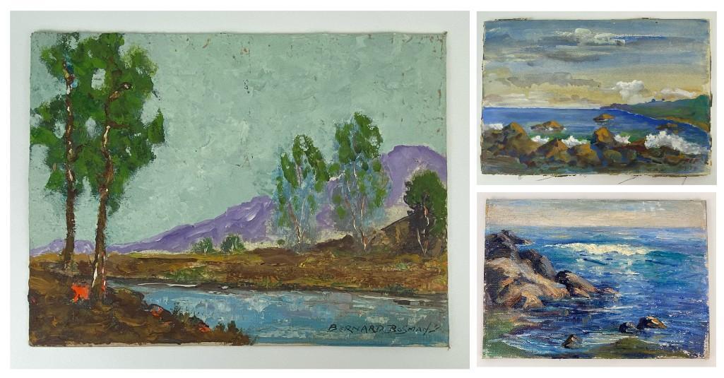 Group of (3) Small Plein Air Paintings Bosman: 1) Oil on panel signed Bernard Bosman Mountain stream approx. 9 x 12 in.; 2) Watercolor on watercolor board initialed and dated 1939 Rocky Costal scene approx. 7.5 x 11 in.; 3) Unsigned Oil on Board a
