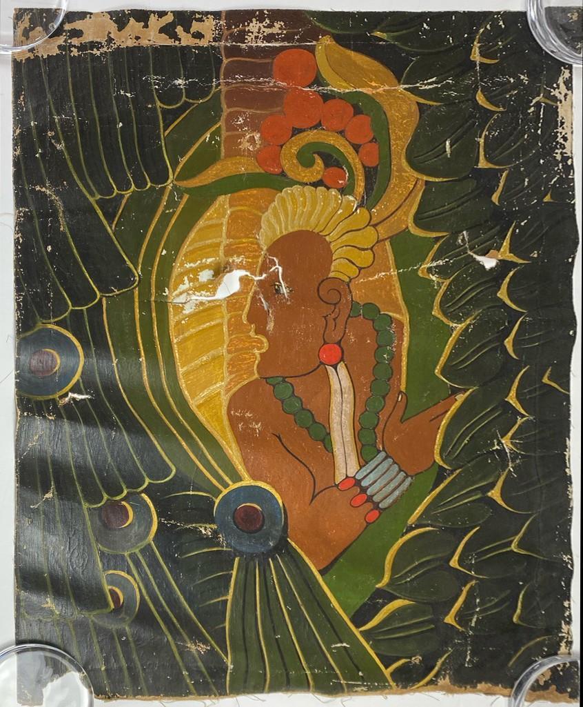 Artist Unknown Oil on Canvas Mayan Aztec Warrior: Unsigned. Approx. 32 x 24.5 in.