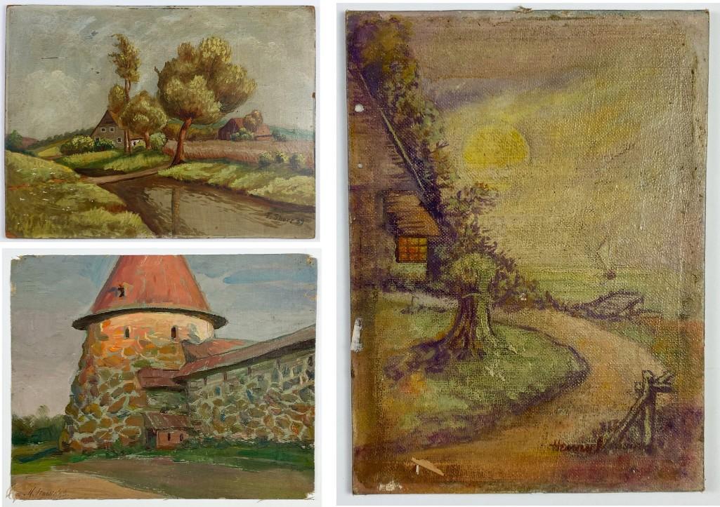 Group of (3) Signed Oil Paintings Shorr Monastery: 1) T. Shorr signed oil on masonite approx. 12 x 16 in.; 2) Monastery Tower oil on canvas approx. 9.5 x 11.75 in.; 3) Seaside Cottage Oil on canvas board approx. 8 x 6 in. Overall weight 1 lbs 14 oz. P