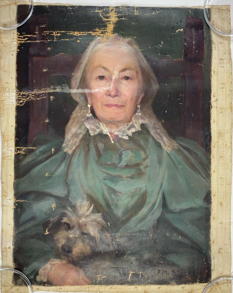 Franz Stock (1875-1884) Signed Oil on Canvas Portrait: Portrait of woman with dog. Approx. 28 in. x 22.5 in. Weight 9 oz.