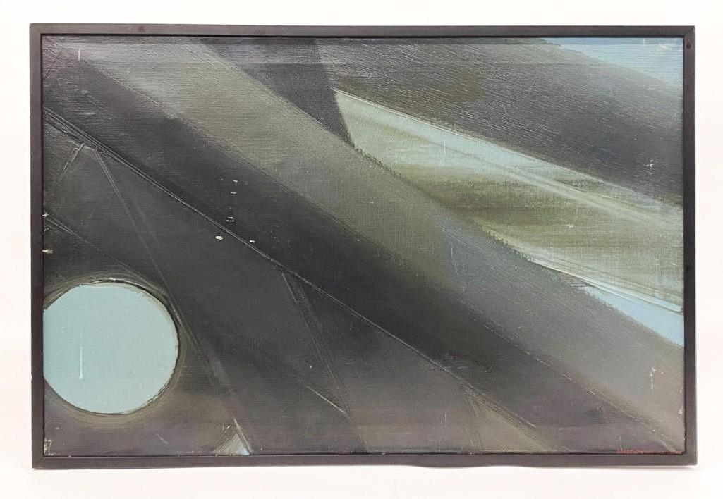 Vahan P. Amadouni (1933-1998) Oil on Canvas, Abstract: Vahan P. Amadouni (1933-1998) Armenian American, Oil on Canvas, Abstract. Signed and Dated. Hanging wire does not reflect artist intention. Approx. 24 in. x 36 in. Weight: 5 lbs.
