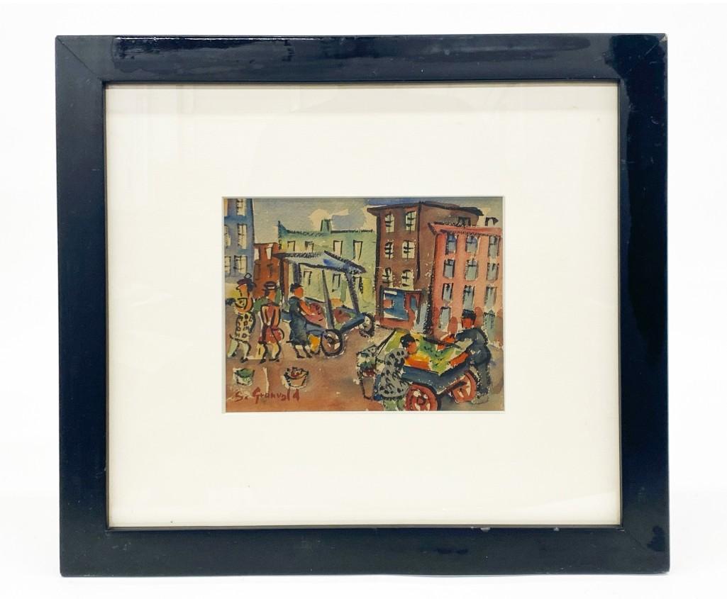 Samuel Grunvald (1893-1983) Watercolor on Paper Street: Samuel Grunvald was active/lived in New York / Hungary. Grunvald is known for Abstract, landscape, seascape. He arrived in US in 1921. He worked for Federal Art Project, taught at Colony House in NYC,