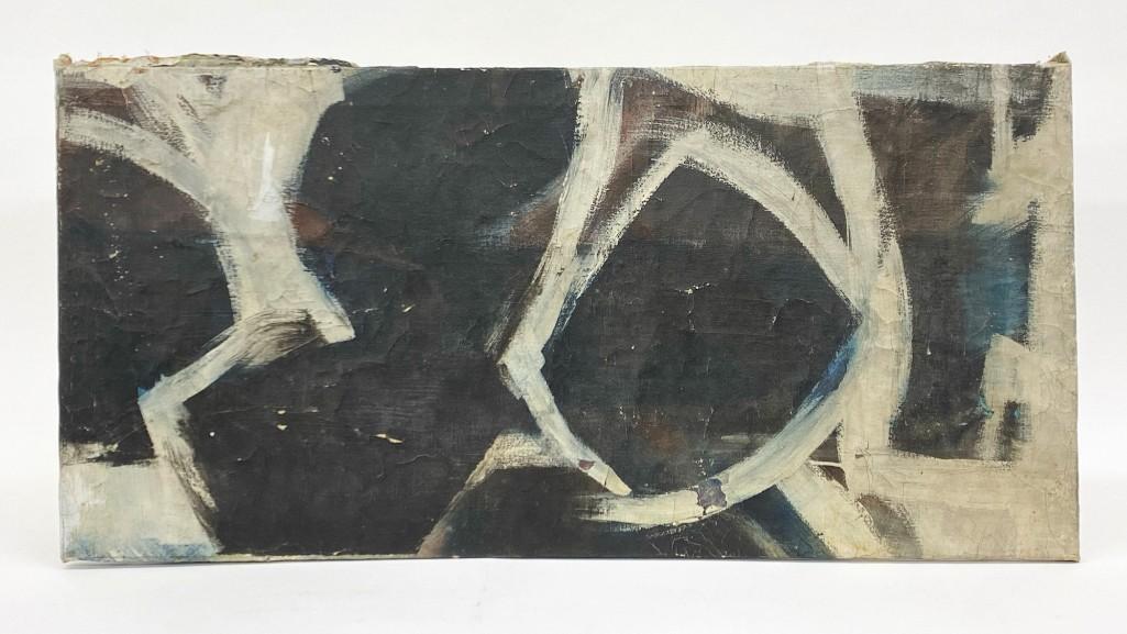 Oil on Canvas Abstract in the manner of Franz Kline: Artist Unknown, Oil on Canvas, Abstract. Unframed. Purchased by The Damamas from a Pennsylvania estate. Paint loss and cracking throughout. Overall: Approx. 20 in. x 41 in. Weight 3 lbs. 5 oz.