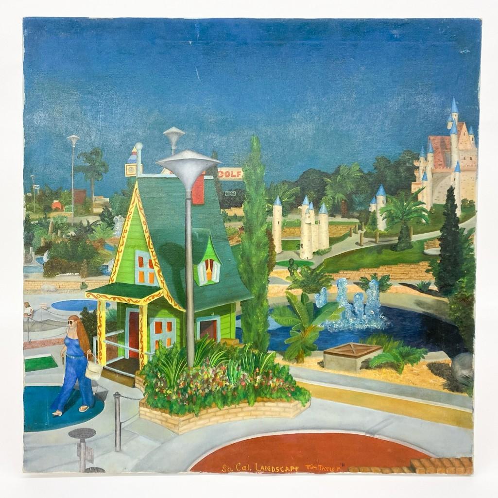 Tim Taylor Oil on Canvas So. Cal. Landscape 1981: Tim Taylor, Oil on Canvas, So. Cal. Landscape, 1981. Depicting a miniature golf course. Unframed. Overall: Approx. 30 in. x 30 in. Weight 2 lbs. 8 oz.
