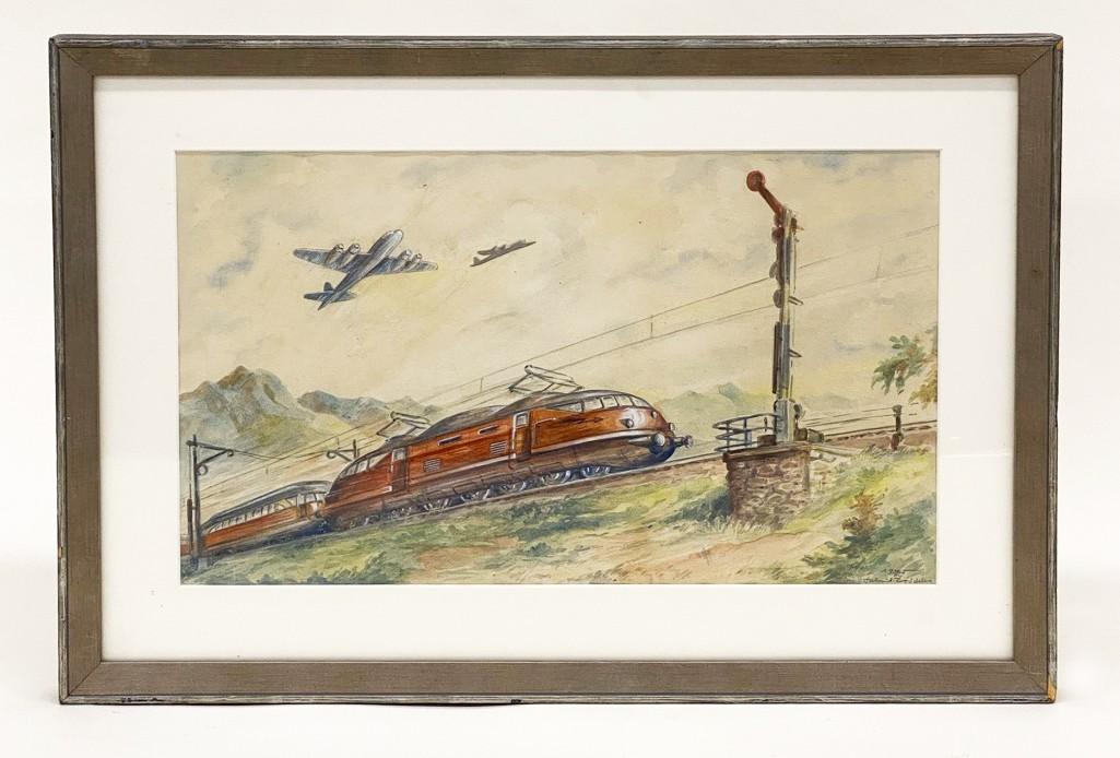 Pencil Signed Watercolor on Paper, Electric Trains: Pencil Signed Original Watercolor on Paper. Illegible signature. Planes and Electric Train, 1945. Visible: Approx. 10.5 in. x 17.5 in. Frame: Approx. 16 in. x 23 in. Weight 4 lbs. 6 oz.