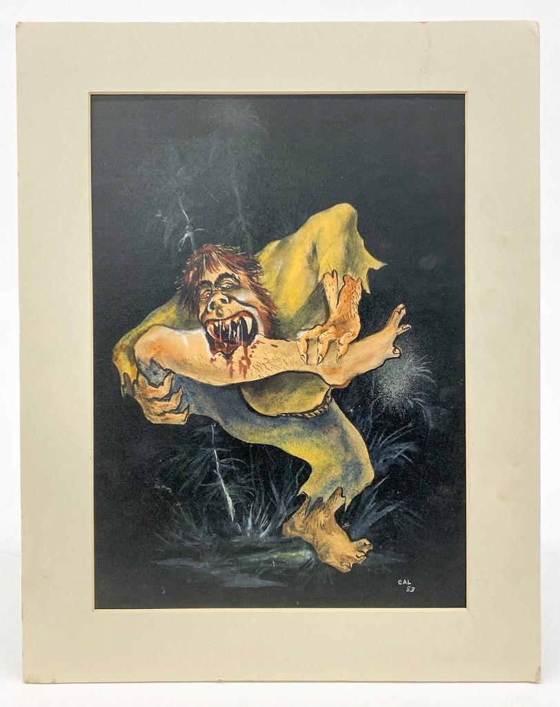 Signed CAL Watercolor Illustration on Paper Ogre 1953: Signed CAL Watercolor Illustration on Paper Ogre, 1953. Back has inscribed "PRISON PAINTING" Visible: Approx. 14.75 in. x 10.75 in. Overall: 18.75 in. x 14.75 in. Weight 1 lb.