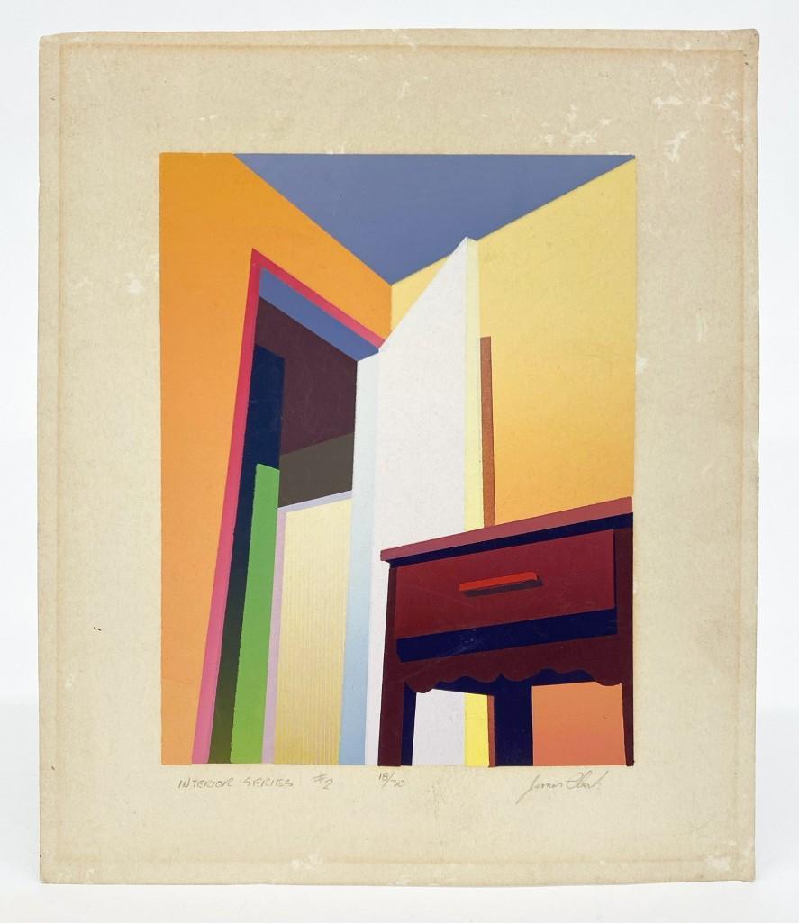 James Clark Serigraph Pencil Signed Numbered: James Clark, Pencil Signed and Numbered Serigraph on Paper, Interior Series #2. Bright colors and a modern composition featuring a desk and doorway. Overall: Approx. 11.25 in. x 9.25 in.
