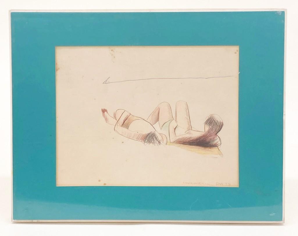 Artist Unknown Pencil on Paper Santa Monica Beach 1978: Artist Unknown, Pencil on Paper, Santa Monica Beach 1978. Depicts two reclining sunbathers. Initialed DMâ . Visible: Approx. 10.75 in. x 13.5 in. Overall: Approx. 16 in. x 20 in. Weight 1 lb. 8 oz.