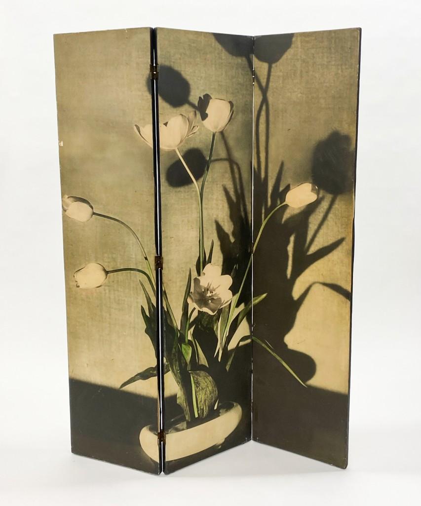 Vintage Room Divider Screen W/ Photos of Tulips: Approx. 68 in high x 45 in wide. Each panel 16.5 in.